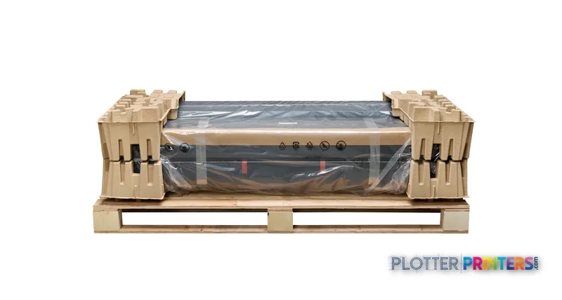 HP DesignJet T210 24-in Printer secured in protective shipping packaging on wooden pallet