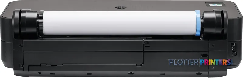 Rear view of HP DesignJet T210 24-in Printer showing paper roll mechanism and black chassis