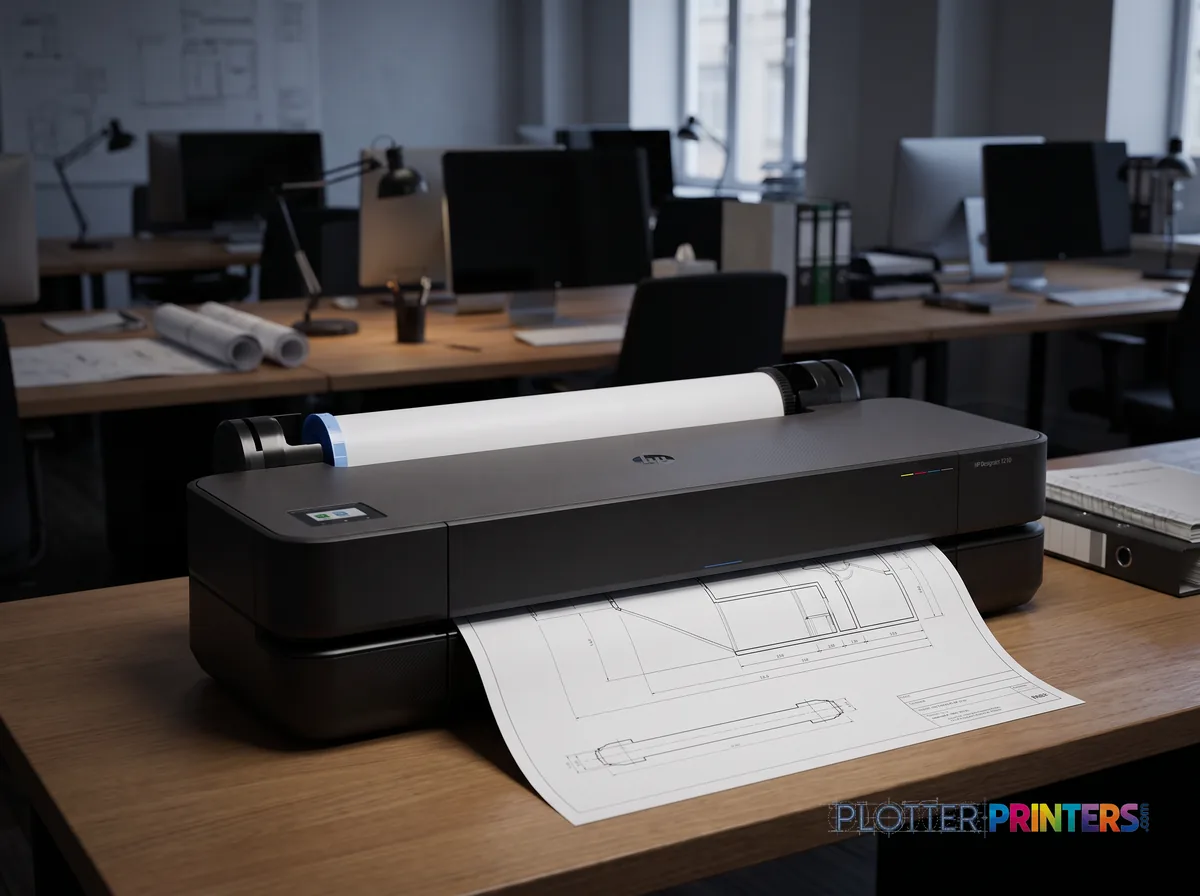 HP DesignJet T210 24-in Printer in an engineering office with a technical drawing at its print slot (staged scene from manufacturer product photography)