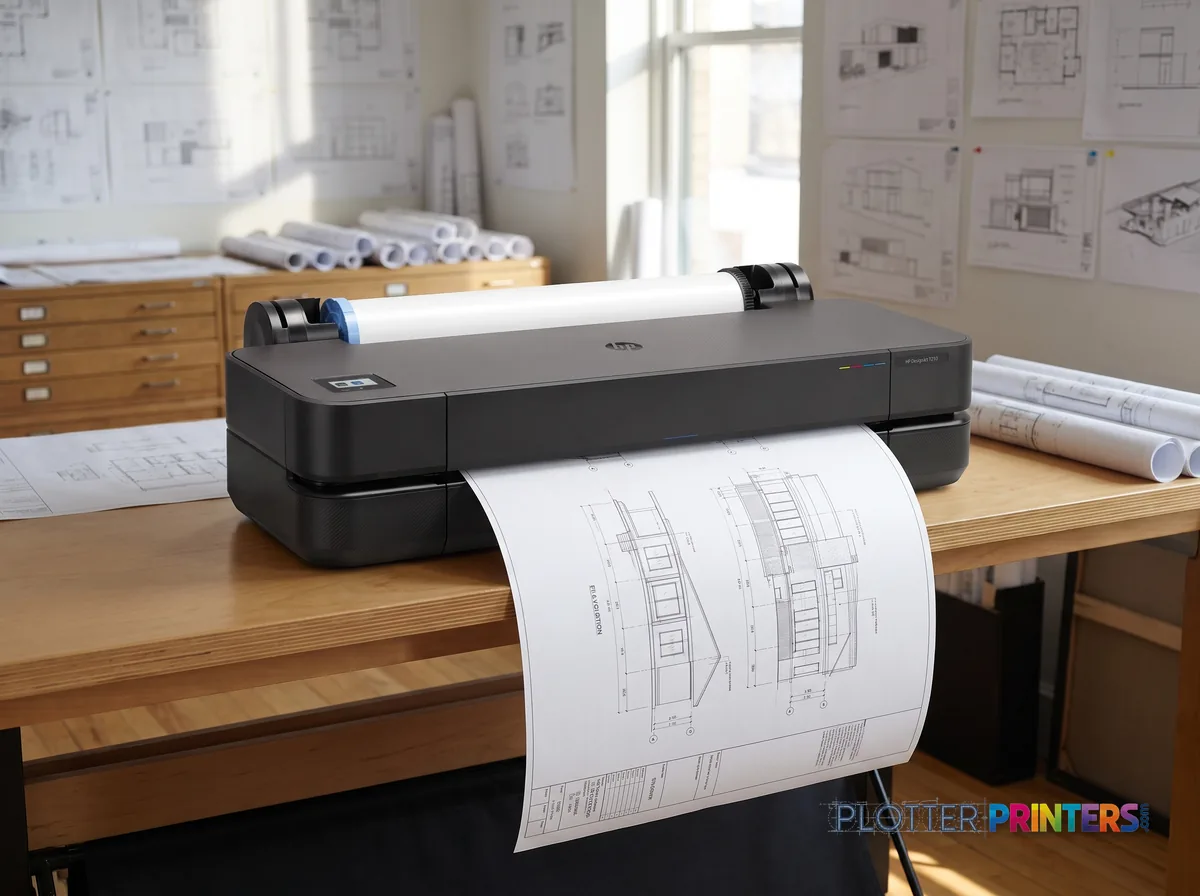 HP DesignJet T210 24-in Printer in a plan room beside flat-file drawers, printing a CAD elevation (staged scene from manufacturer product photography)