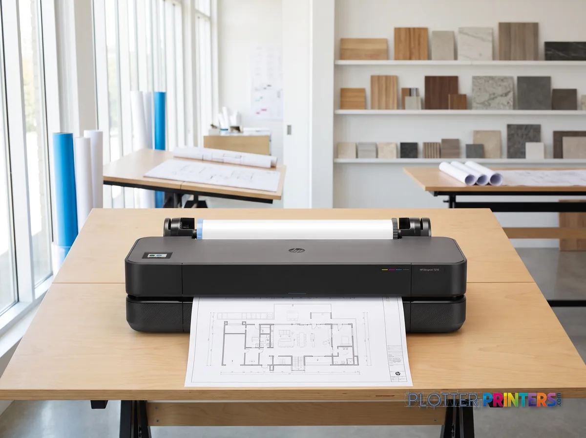 HP DesignJet T210 24-in Printer in a bright architecture studio, printing a large floor plan (staged scene from manufacturer product photography)