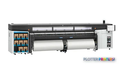 HP Latex FS50 Printer front-right view showing white and black large-format printer with ink cartridge storage and roll media