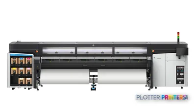 HP Latex FS50 Printer large-format printer shown from the side with ink cartridges and media roll visible