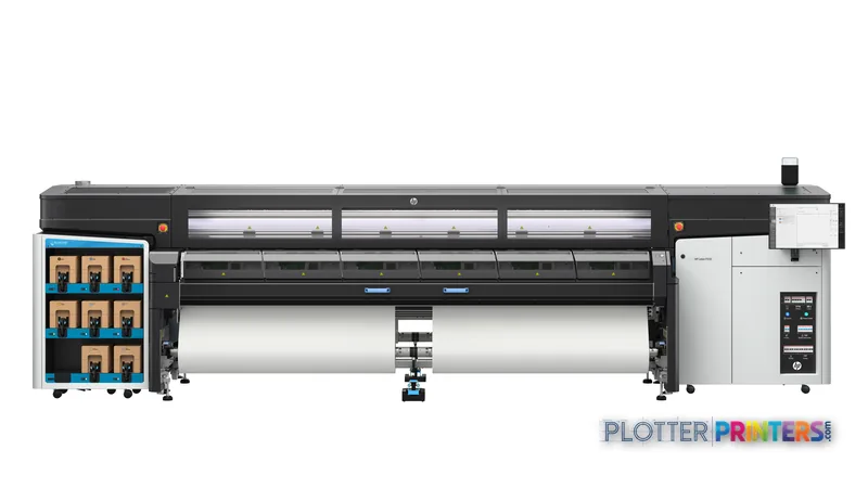 HP Latex FS50 Printer front-center view showing wide-format printer with ink cartridge system and white media roll