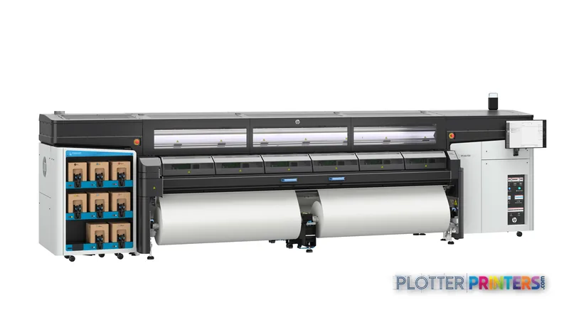 HP Latex FS50 Printer front-right view showing white and black large-format printer with ink cartridge storage and roll media