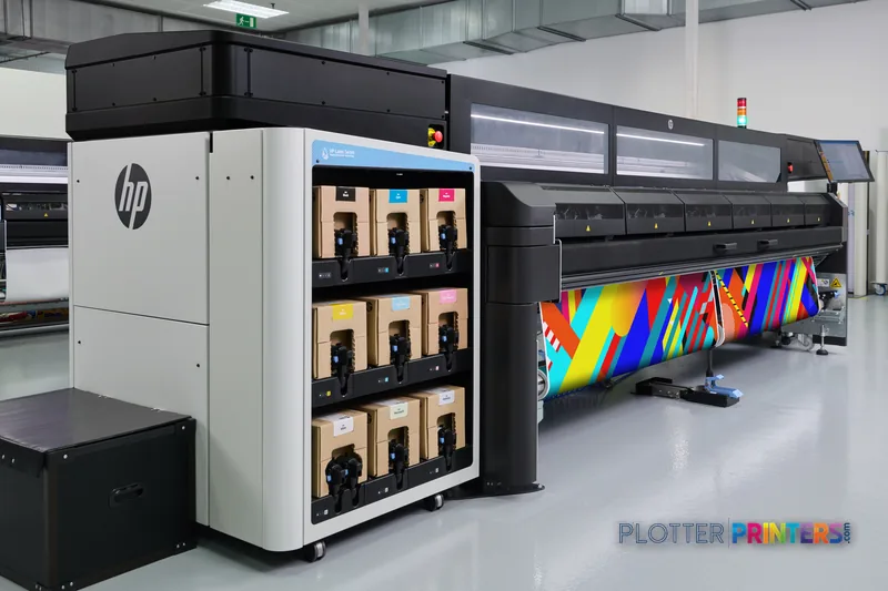 HP Latex FS50 Printer lifestyle view in a professional print shop with ink cartridge station and colorful printed banner out…
