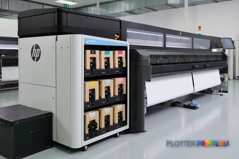 HP Latex FS50 Printer large format printer in a professional print shop with ink cartridges visible and white media loaded