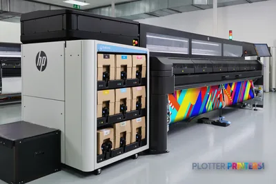 HP Latex FS60 Printer lifestyle image showing the large-format printer in a production facility with colorful printed output