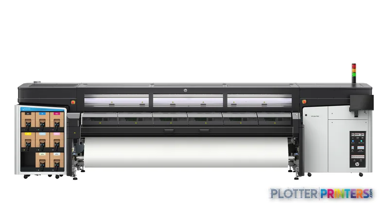 HP Latex FS60 Printer side view showing full-width printing mechanism with ink cartridges and control panel