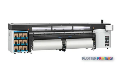 HP Latex FS50 W Printer front-right view showing white and black large-format printer with ink cartridge storage and roll me…