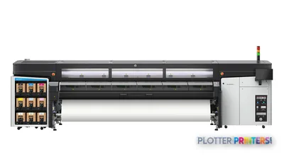 HP Latex FS50 W Printer large-format printer side view showing ink cartridges and white media roll