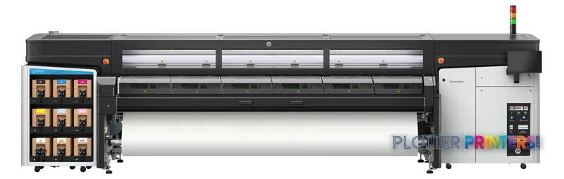 HP Latex FS50 W Printer front-center view showing large-format printer with ink cartridge station and white media roll