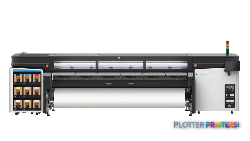 HP Latex FS50 W Printer large-format printer side view showing ink cartridges and white media roll