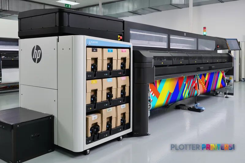HP Latex FS60 W Printer lifestyle image showing the large-format printer in a production facility with colorful printed outp…