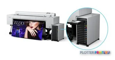 Epson SureColor SC-P20500 large format printer product detail showing front view with display output and rear ink system