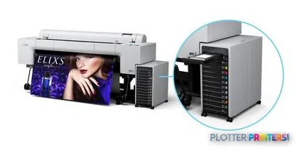 Epson SureColor SC-P20500 large format printer product detail showing front view with display output and rear ink system