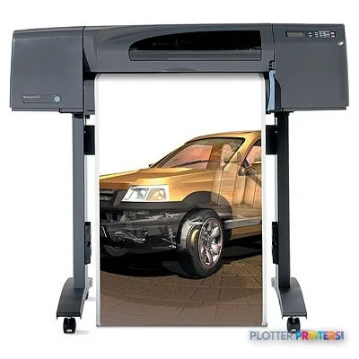HP Designjet 800 Printer 24 in large format printer front view with gold car print sample