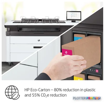 HP PageWide XL 3950 40-in Multifunction Printer annotated view showing top stacker with paper output and ink cartridge stora…
