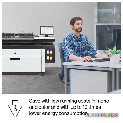 HP PageWide XL 3950 40-in Multifunction Printer with Top Stacker in office setting with operator at desk