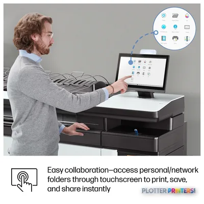 HP PageWide XL 3950 40-in Multifunction Printer with Top Stacker feature callout showing touchscreen interface with collabor…