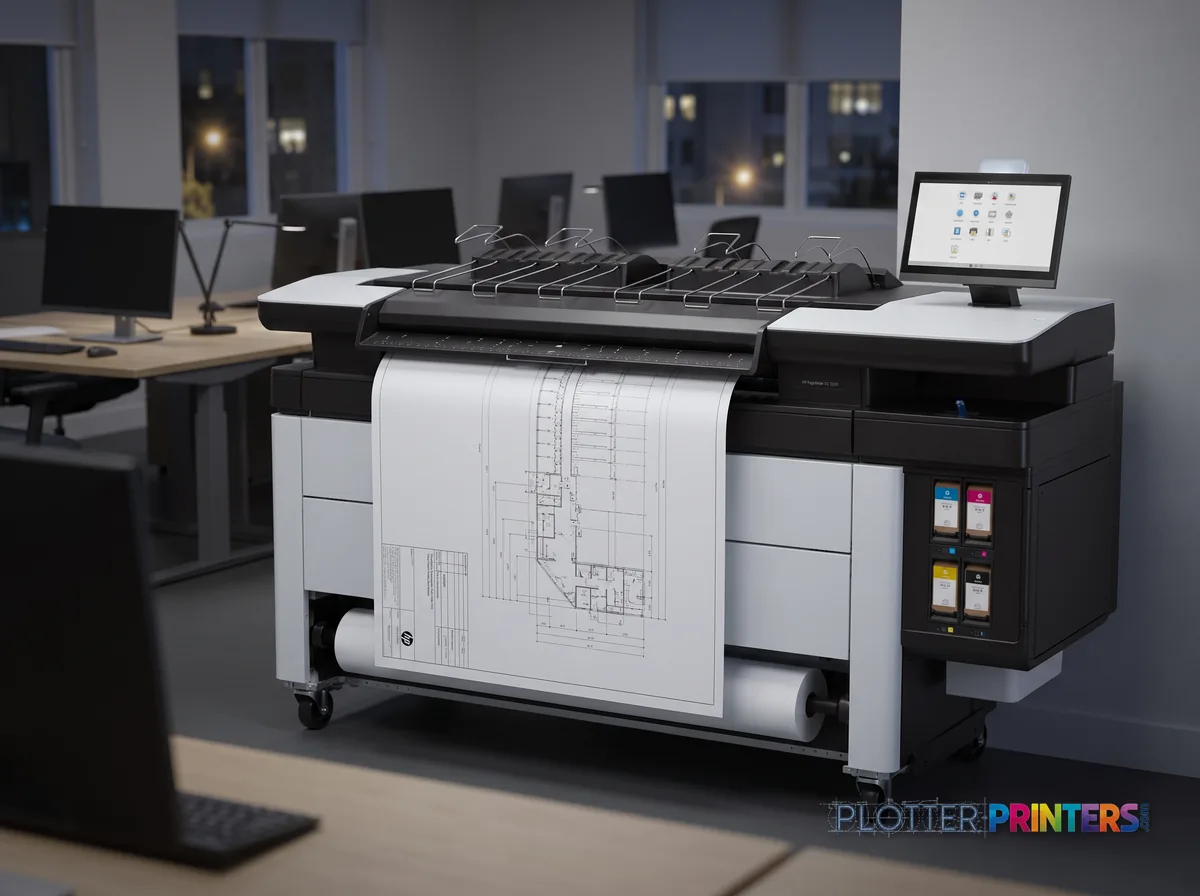 HP PageWide XL 3950 40-in Multifunction Printer with Top Stacker in an engineering office with a technical drawing at its print slot (staged scene from manufacturer product photography)