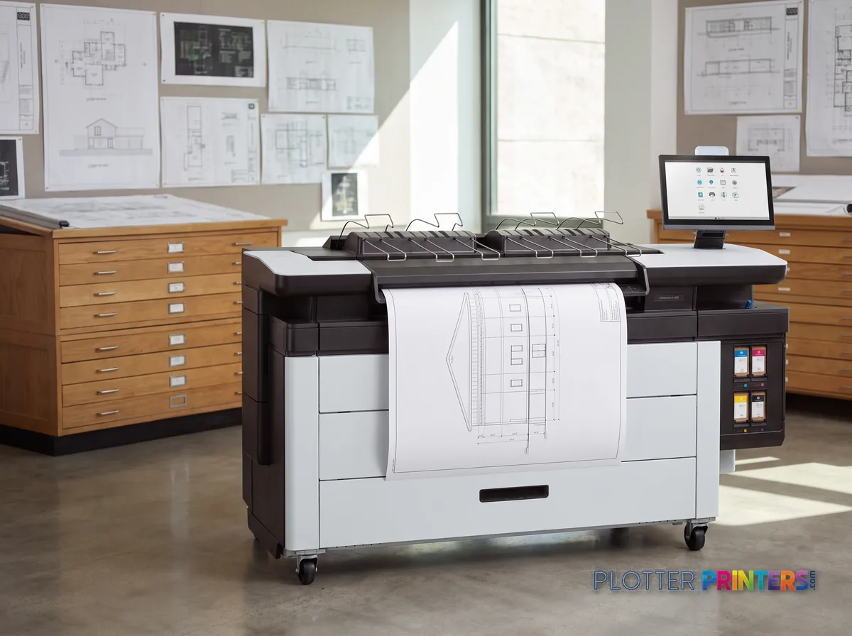 HP PageWide XL 3950 40-in Multifunction Printer with Top Stacker in a plan room beside flat-file drawers, printing a CAD elevation (staged scene from manufacturer product photography)
