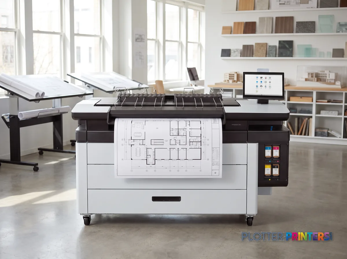HP PageWide XL 3950 40-in Multifunction Printer with Top Stacker in a bright architecture studio, printing a large floor plan (staged scene from manufacturer product photography)