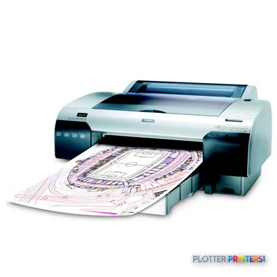 Epson Stylus Pro 4450 product image showing grey and silver printer with architectural drawing output