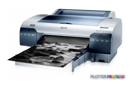 Epson Stylus Pro 4880 product image showing large-format printer with open output tray displaying printed photograph