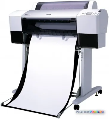 Epson Stylus Pro 7880 large-format printer with white paper loaded and feeding out the front