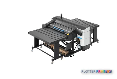 HP Latex R530 Printer shown from an angled view displaying the full printer structure with input table and output platform