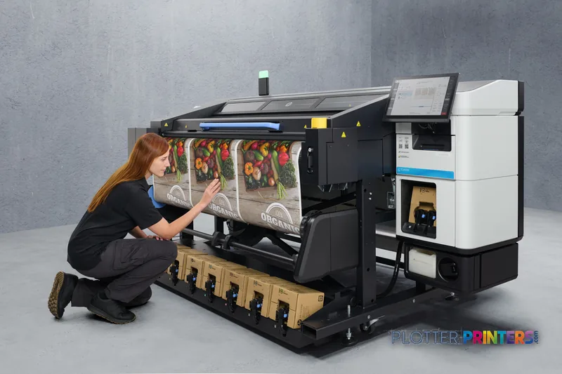 HP Latex R530 Printer lifestyle image showing operator examining colorful printed banner output