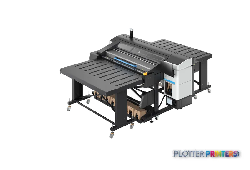 HP Latex R530 Printer shown from an angled view displaying the full printer structure with input table and output platform