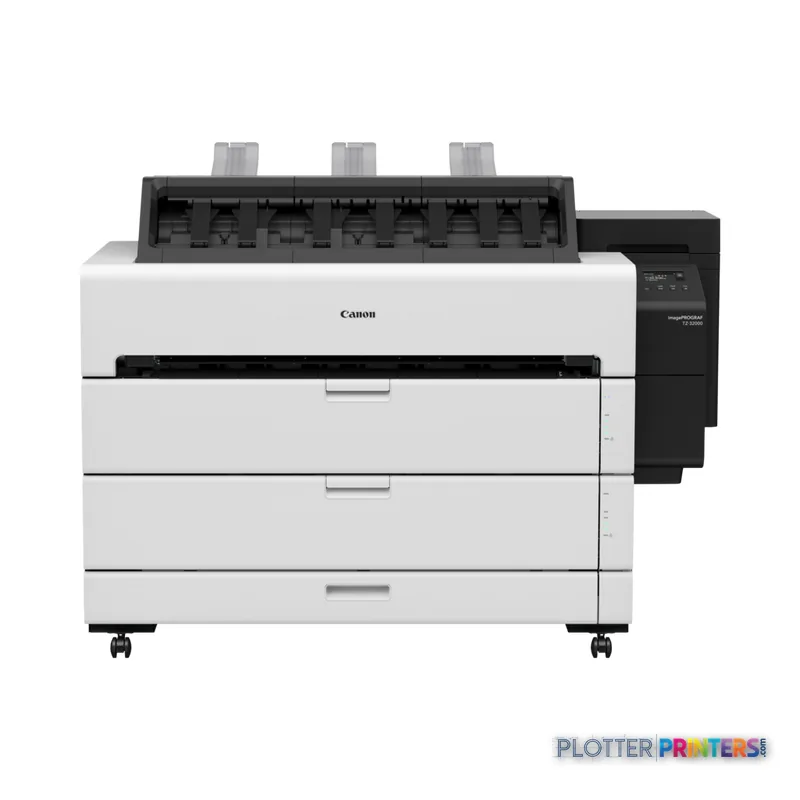 Canon imagePROGRAF TZ-32000 large format printer product image showing white and black inkjet printer with multiple paper tr…