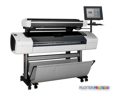 HP DesignJet T1100 MFP large-format printer with integrated scanner, control panel, and mobile stand