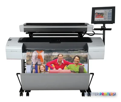 HP DesignJet T1100 MFP large-format printer with integrated scanner, display monitor, and output tray showing color photo pr…