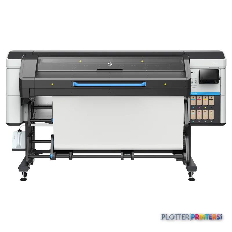 HP Latex 730 Printer product detail view showing black and white large-format printer with white media loaded