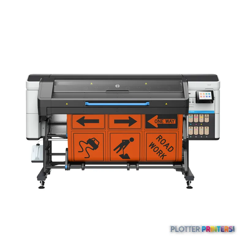 HP Latex 730 Printer product detail view showing black and white large-format printer with orange construction signage print…