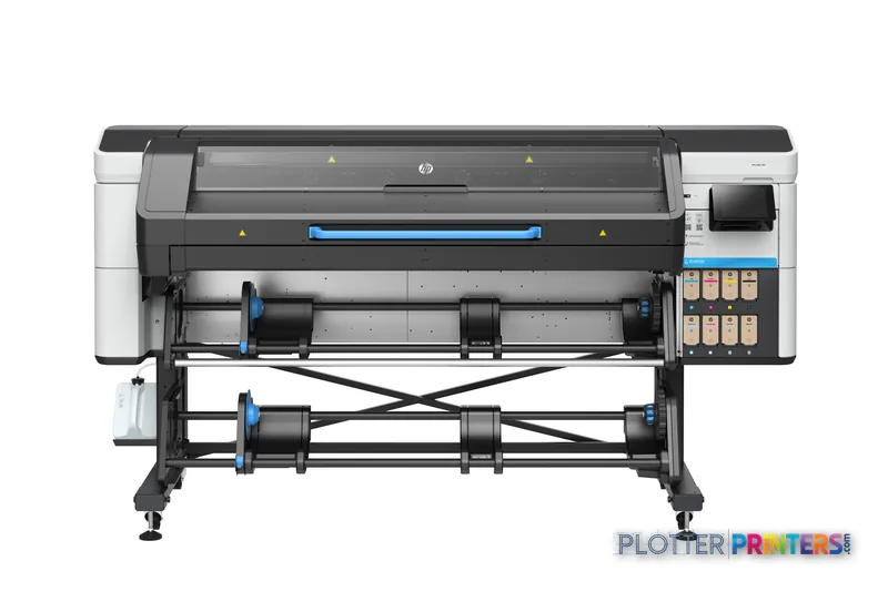 HP Latex 730 Printer front-center view showing black and white large-format printer with blue accents and control panel