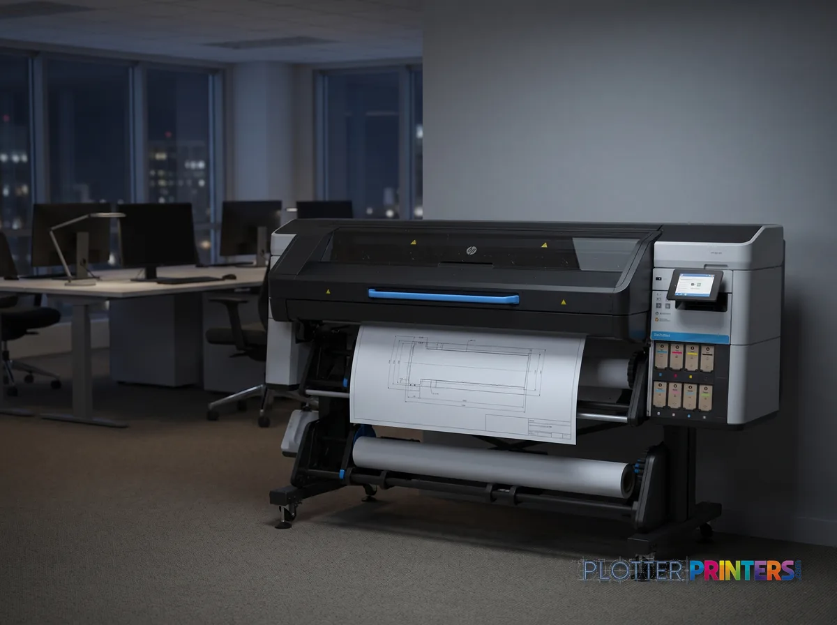 HP Latex 730 Printer in an engineering office with a technical drawing at its print slot (staged scene from manufacturer product photography)