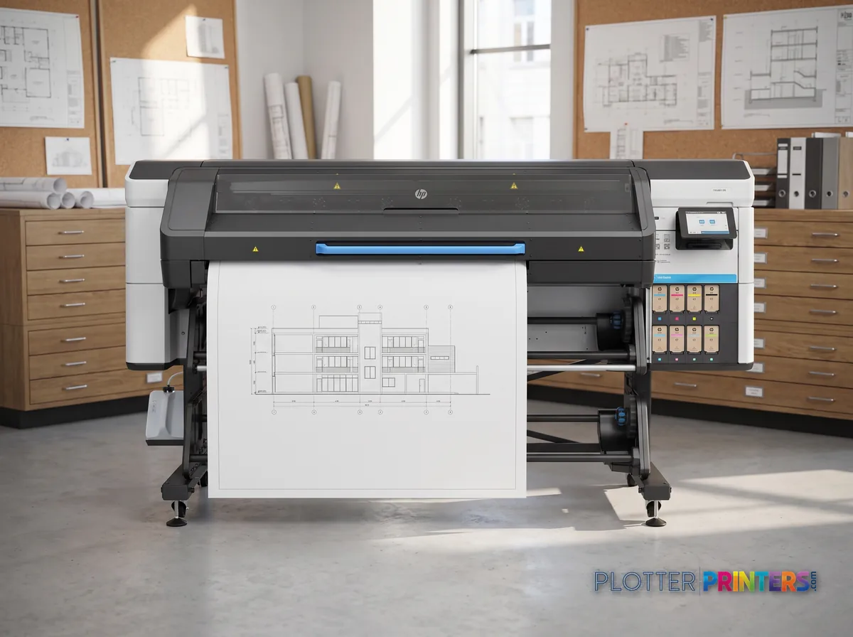 HP Latex 730 Printer in a plan room beside flat-file drawers, printing a CAD elevation (staged scene from manufacturer product photography)