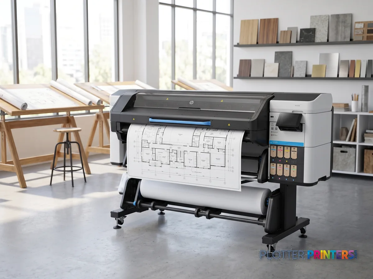 HP Latex 730 Printer in a bright architecture studio, printing a large floor plan (staged scene from manufacturer product photography)