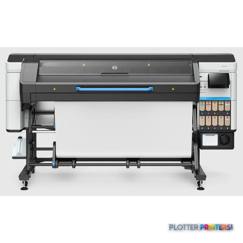 HP Latex 730 W Printer product detail view showing black and white large-format printer with white media loaded