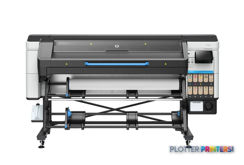 HP Latex 730 W Printer front-center view showing black and white large-format printer with open media tray