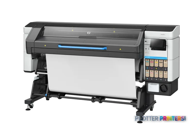 HP Latex 730 W Printer front-right view showing black and white large-format printer with blue accent bar and control panel