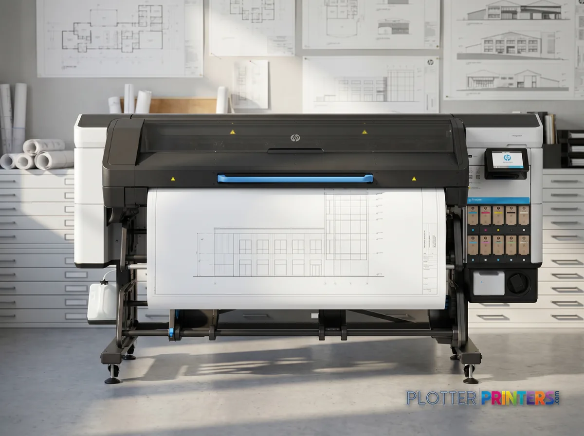 HP Latex 730 W Printer in a plan room beside flat-file drawers, printing a CAD elevation (staged scene from manufacturer product photography)