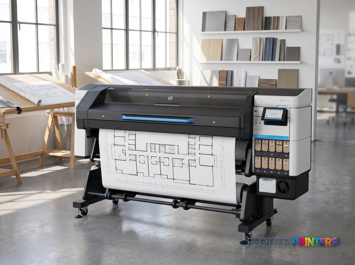 HP Latex 730 W Printer in a bright architecture studio, printing a large floor plan (staged scene from manufacturer product photography)