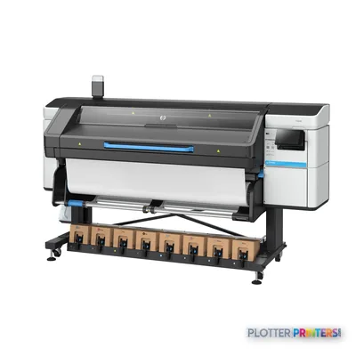 HP Latex 830 large-format printer product detail view showing white and gray printer with blue accents and ink cartridge sta…