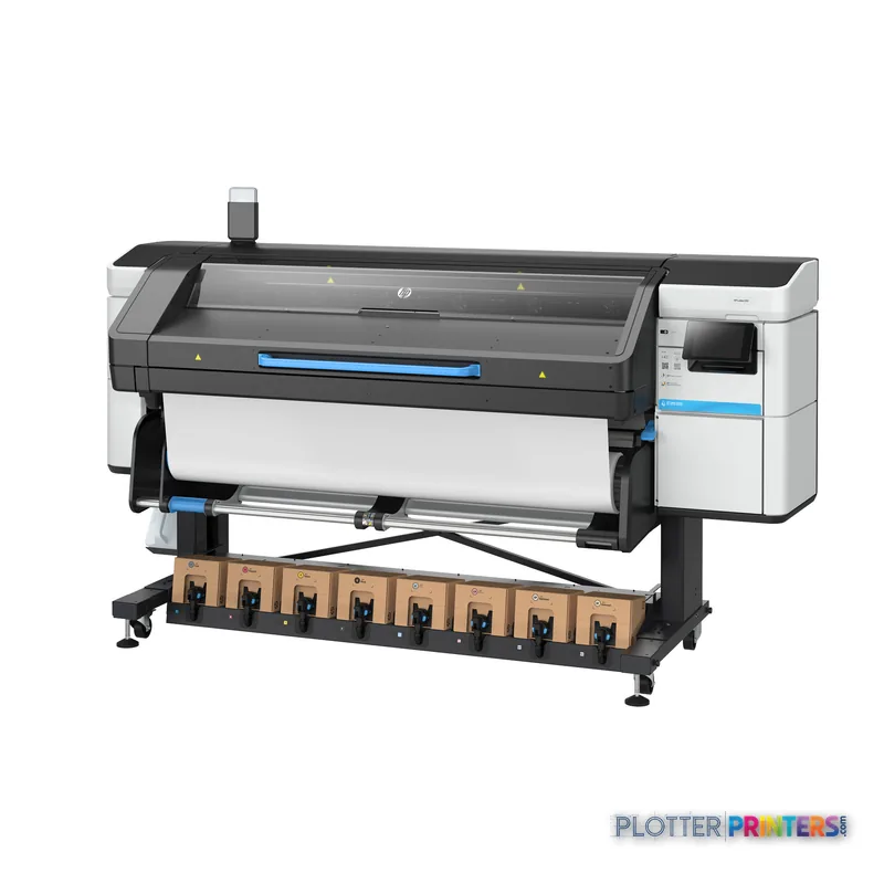HP Latex 830 large-format printer product detail view showing white and gray printer with blue accents and ink cartridge sta…