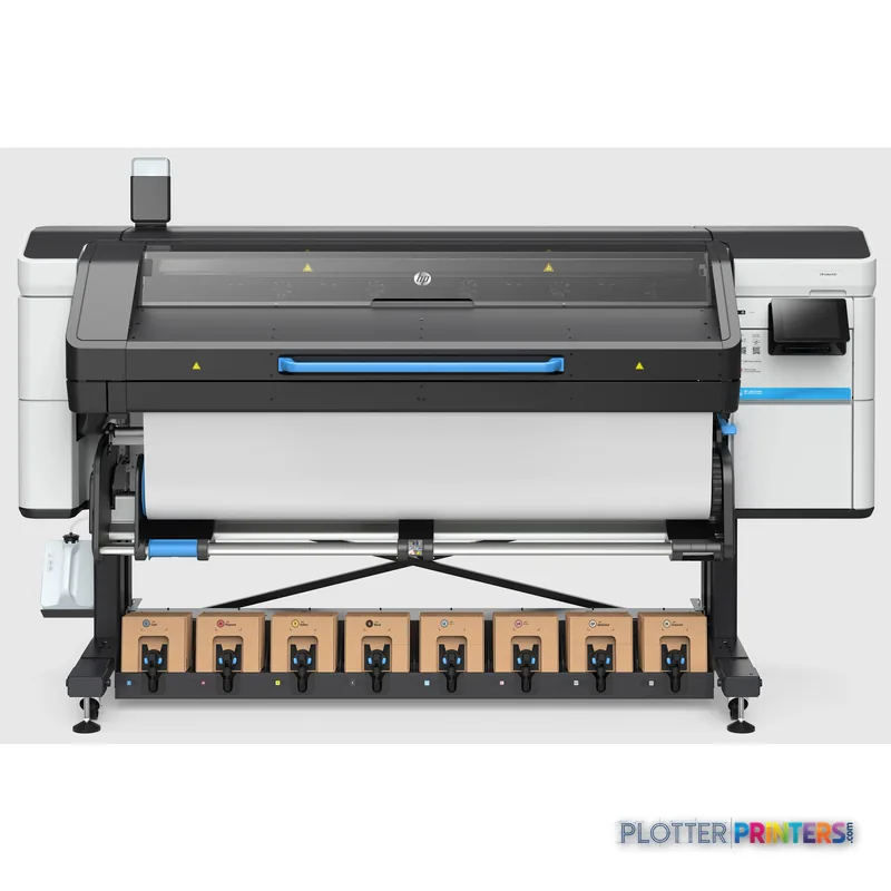 HP Latex 830 large-format printer product detail view showing white and black printer with ink cartridges
